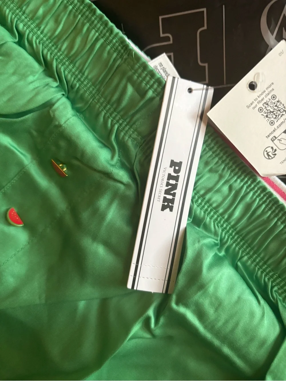 PINK Victoria's Secret Green Satin Lounge Shorts with Pink Logo Waistband